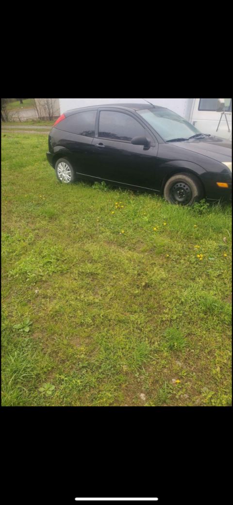2008 Ford Focus - A black hatchback is parked on a grassy area next to a building.