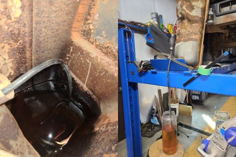 1995 Ford F-150 - A vehicle's rusty undercarriage and oil filter are shown, alongside a blue lift in a repair bay.