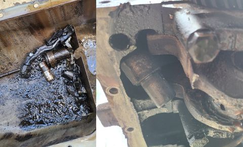 1995 Ford F-150 - The #1 rod is in the pan, along with the front few lobes of the cam, the #1 lifter, & a pushrod. The TOP of the rod is hanging DOWN by the…