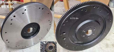 1995 Ford F-150 - 4.9L Flywheel E0TE6380BA (casting C6AE6380C) IF THE IMAGE IS TOO SMALL, click it. washed, sandblasted, painted with DupliColor engine ceram…