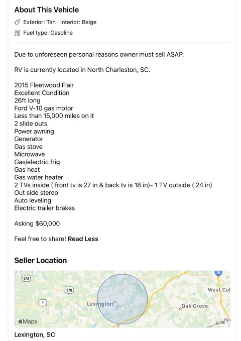2015 Ford F-550 - Online sales listing for a 2015 Fleetwood Flair motorhome detailing features, asking price and seller location.