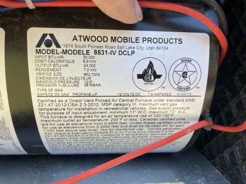 2015 Ford F-550 - Label details for Atwood Mobile Products furnace, model 8531-IV DCLP, with specifications and certifications.