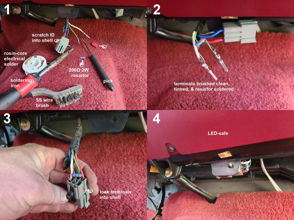 Four-panel guide soldering a 200-ohm resistor into a wiring connector for LED-safe operation