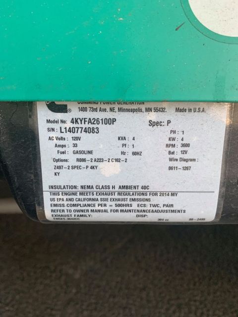 2015 Ford F-550 - Cummins Power Generation data plate listing model, serial number and electrical specifications.