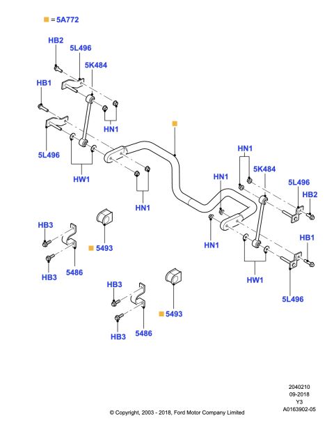 2015 Ford F-550 - Ford exploded parts breakdown of a stabilizer bar (sway bar) assembly showing links, brackets, bushings and fastener part numbers.