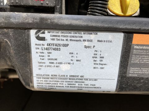 2015 Ford F-550 - Cummins generator data/spec plate with model number, serial, voltage, amperage and emissions information.