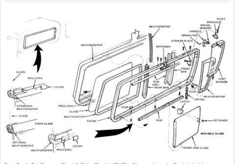 1979 Ford Bronco - This diagram illustrates the assembly of a vehicle door, detailing various components and their placement.