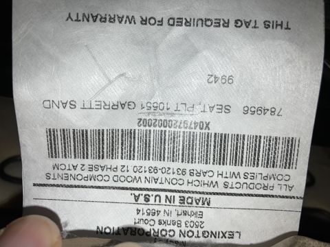 2015 Ford F-550 - Manufacturer ID/spec warranty tag for a seat assembly with part number, barcode and compliance information.