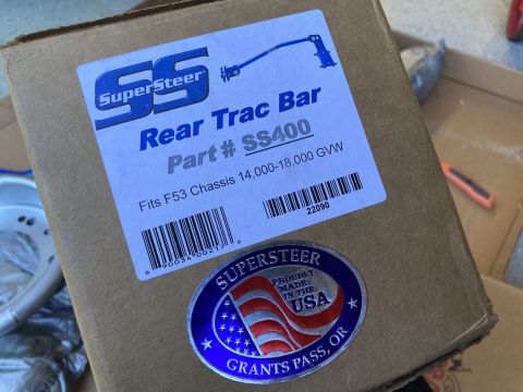 2015 Ford F-550 - A close-up view of a SuperSteer Rear Trac Bar box, part # SS400, fits F53 Chassis 14,000-18,000 GVW. A sticker on the box proudly states "P…