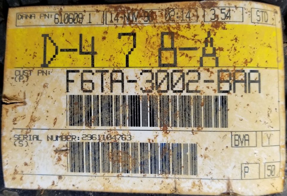 Dana axle parts label F6TA-3002-GAA D-478-A dated 14-NOV-90 with barcodes