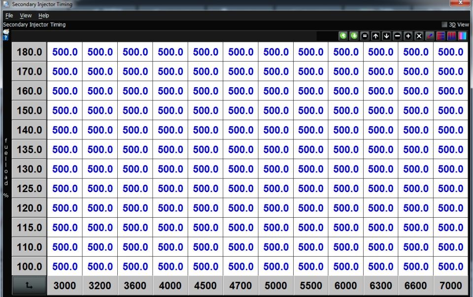 Screenshot of a Secondary Injector Timing software interface with a data grid.