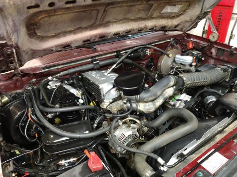 1996 Ford Bronco - Engine bay of a Ford vehicle, showing the V8 engine and various components.