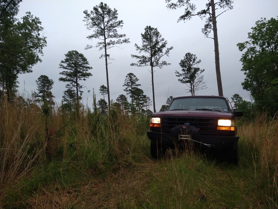 Maroon 1996 Ford Bronco with winch, front view in tall grass