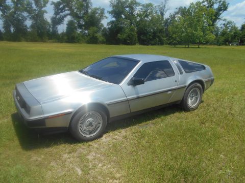 1992 Ford Bronco - A silver DeLorean DMC-12 is parked on a grassy field with trees in the background.