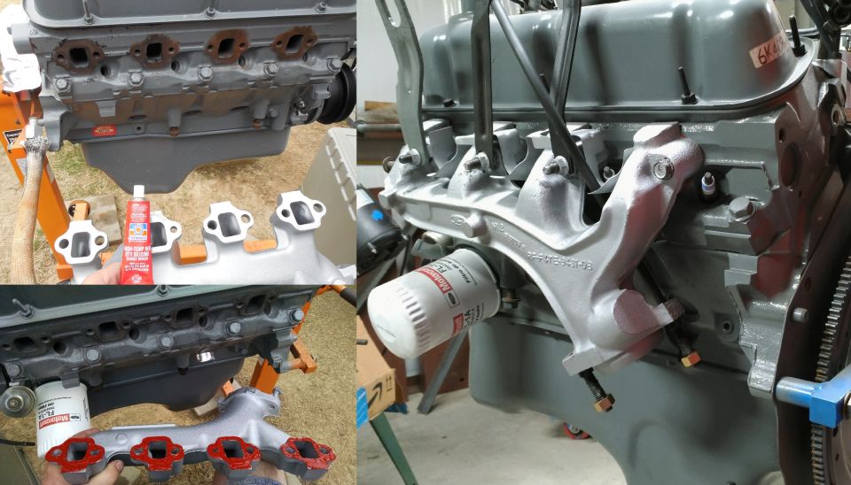 Engine block on stand with exhaust manifolds, red sealant, and oil filter. Close-up shows manifold details