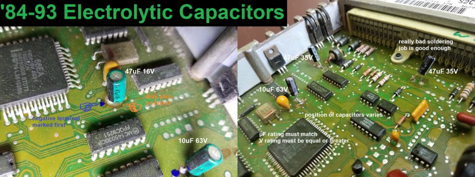 Green ECM circuit board close-ups labeled with electrolytic capacitor values and repair notes