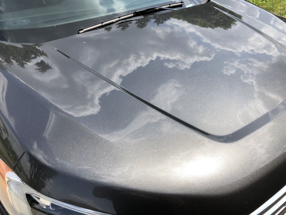 Close-up of a metallic gray Ford Everest hood reflecting clouds and trees.