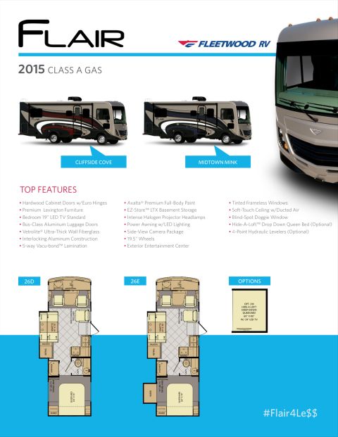 2015 Ford F-550 - Fleetwood Flair 2015 RV sales brochure cover with top features list and 26D and 26E floorplans.
