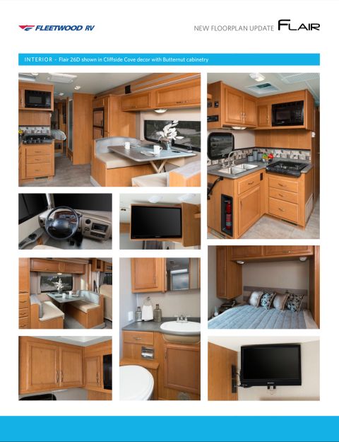 2015 Ford F-550 - Fleetwood Flair brochure page showing the 26D interior in Cliffside Cove decor with Butternut cabinetry.