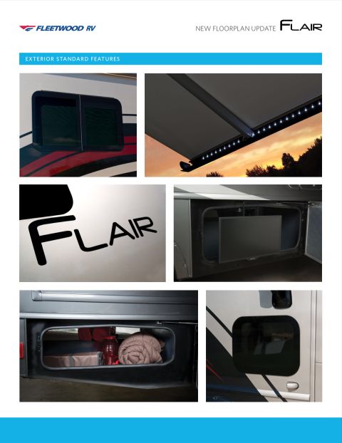 2015 Ford F-550 - Fleetwood Flair brochure page highlighting exterior standard features such as awning and storage.