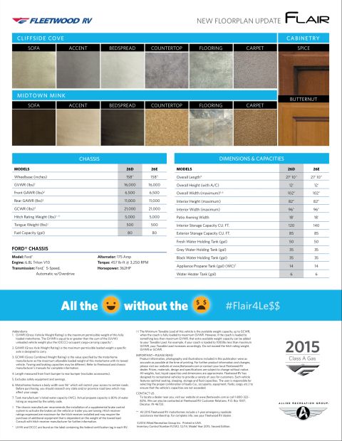 2015 Ford F-550 - 2015 Fleetwood Flair Class A gas brochure: decor/floorplan choices plus Ford chassis dimensions and capacities for 26D/26E (6.8L Triton V10…