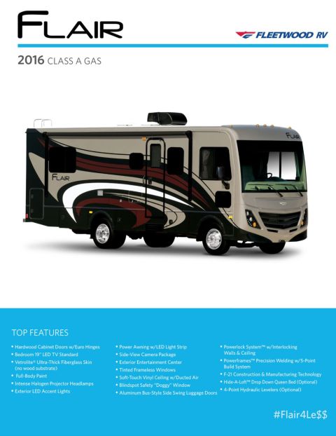 2015 Ford F-550 - Fleetwood Flair RV sales brochure cover page with exterior image and highlighted standard features.