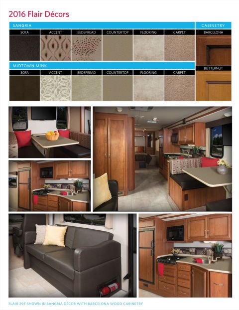 2015 Ford F-550 - Fleetwood Flair brochure page displaying decor color swatches and styled interior photographs.