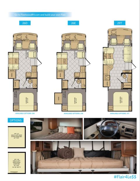 2015 Ford F-550 - Fleetwood Flair RV brochure page showing floorplans and available bed and option configurations.