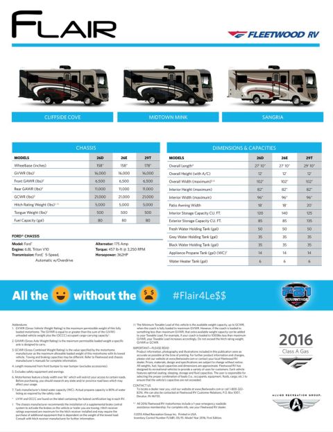 2015 Ford F-550 - Fleetwood Flair RV sales brochure page listing chassis specifications, dimensions and tank capacities.