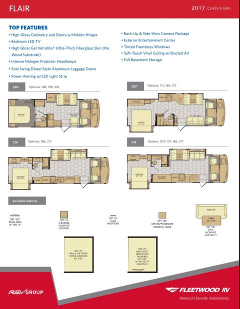 2015 Ford F-550 - Fleetwood Flair 2017 Class A gas motorhome brochure page listing top features and four floorplan layouts.