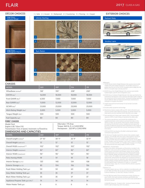 2015 Ford F-550 - 2017 Fleetwood Flair Class A gas brochure: decor/exterior choices plus Ford chassis dimensions and capacities (6.8L Triton V10, 320 HP @ 39…