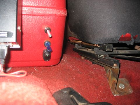 1989 Ford Bronco - view from the gas pedal...drivers seat and center console with the three toggle switches mounted in a row. (the box on the left is my CB