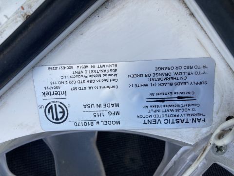 2015 Ford F-550 - Fan-Tastic Vent data/spec plate showing model number, 12VDC 36-watt rating, and supply-lead wire color codes.