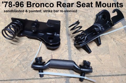 1983 Ford Bronco - '78-96 Bronco Rear Seat Hardware IF THE IMAGE IS TOO SMALL, click it. Original Ford parts sandblasted & painted. Strike bar has been re-sle…