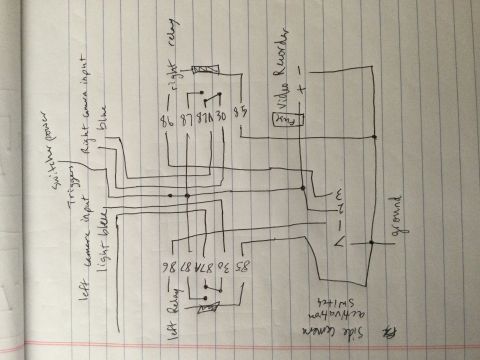 2015 Ford F-550 - Hand-drawn relay wiring diagram showing left/right relays with terminal numbers, camera inputs, fuse and ground.