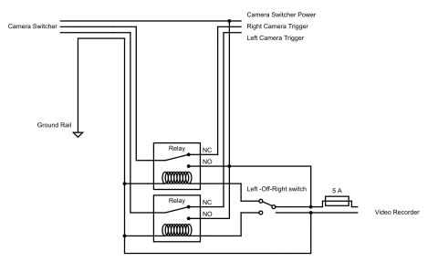 2015 Ford F-550 - Wiring diagram of a camera-switcher circuit using two relays and a left-off-right switch feeding a video recorder.