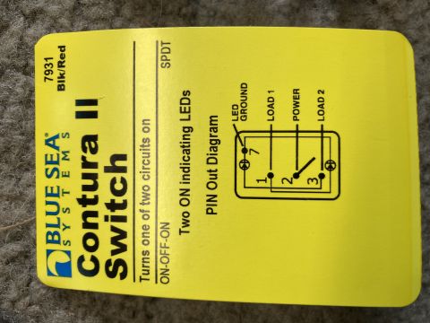 2015 Ford F-550 - Wiring pin-out diagram on a Blue Sea Systems Contura II SPDT switch card showing power, ground, LED and load 1/2 terminal connections.