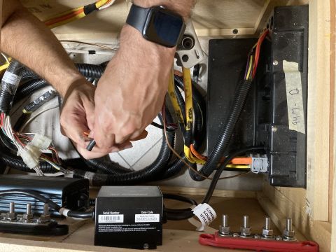 2015 Ford F-550 - Close-up view of electrical wiring for an inverter and transfer switch, with a visible date code of 30DEC2020.
