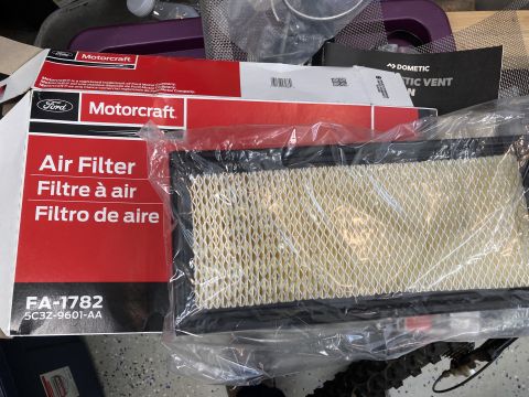 2015 Ford F-550 - A new Motorcraft air filter, part number FA-1782, is shown in its packaging next to its red and white box. The box also displays the part n…