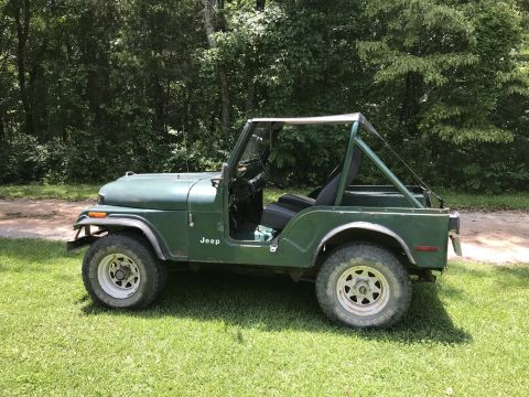 1979 Jeep CJ5 - This green 1979 Jeep CJ5 is shown from the side, parked on a grassy area with trees behind it.