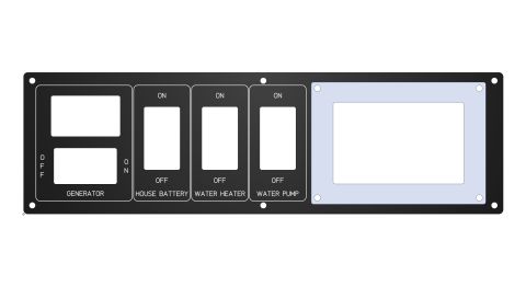 2015 Ford F-550 - Proposed replacement panel plate. SeeLevel II cutout on right. Contura II switches replace existing switches. Hour meter transfers over.