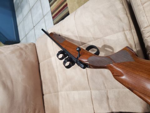 1996 Ford Bronco - A hunting rifle with a wooden stock and scope rings rests on a tan couch.