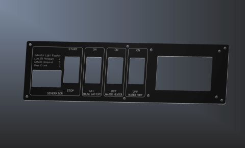 2015 Ford F-550 - A black monitor panel displays controls for generator, house battery, water heater, and water pump, along with indicator lights.