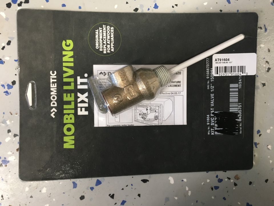 Dometic water heater relief valve kit with brass valve and white plastic stem