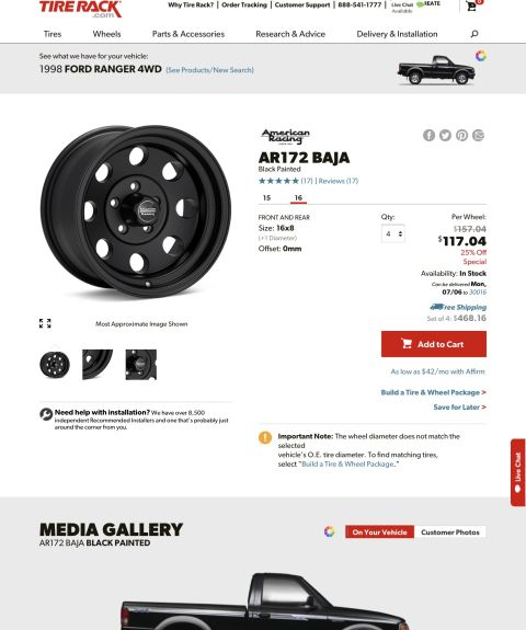 1998 Ford Ranger - This is a black AR172 BAJA wheel, listed for a 1998 Ford Ranger 4WD.