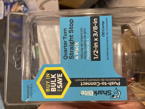 2015 Ford F-550 - Packaging for SharkBite quarter turn straight stop valves is shown, with product details in English and Spanish.