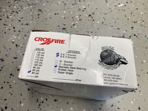 2015 Ford F-550 - Box displays product details for Crossfire Dual Dynamics, including valve pressure options and component choices.