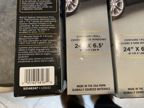 2015 Ford F-550 - Gila window tint packaging details dimensions and manufacturing origin.