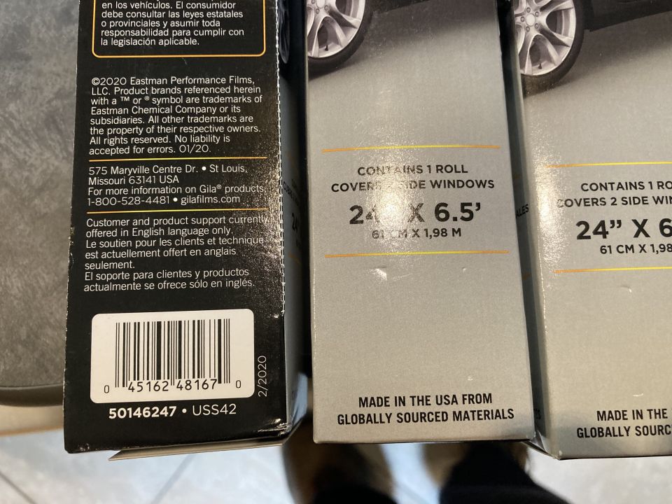 Packaging for Gila window tint rolls, showing dimensions and manufacturer information