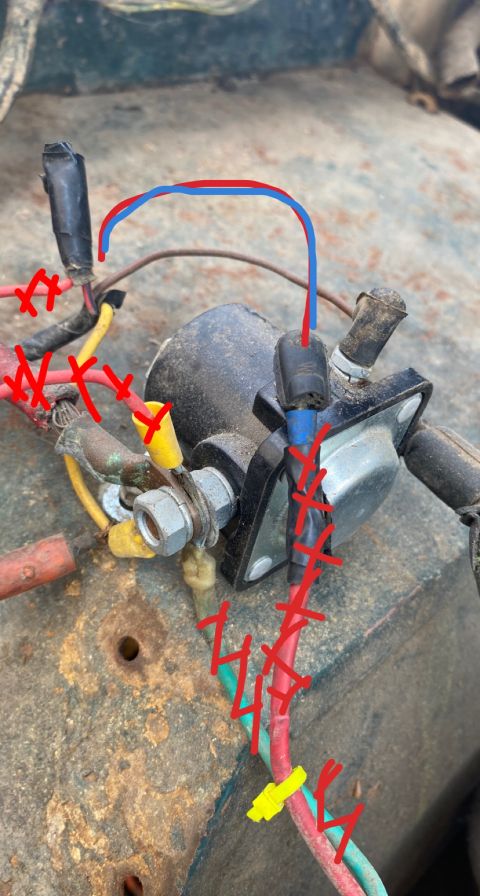 1976 Ford Bronco - Close-up of starter solenoid wiring with diagrammatic red and blue lines.